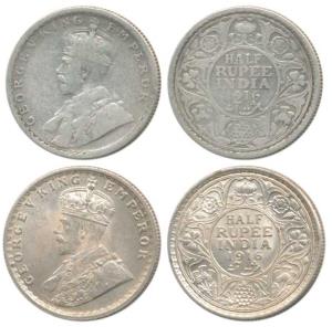 George V, Silver ½ Rupee, 1916, Calcutta and Bombay Mint, (Prid 323 & 340). Fine and Extre