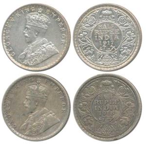 George V, Silver ½ Rupee, 1917 and 1918, Bombay Mint, (Prid 341 & 342). Very Fine and Abou