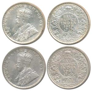 George V, Silver ½ Rupee, 1919, Bombay Mint; 1921, Calcutta Mint, (Prid 343 & 324). Extrem