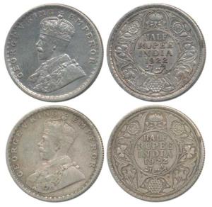 George V, Silver ½ Rupee, 1922, Calcutta and Bombay Mint, (Prid 324 & 344). Very Fine and 