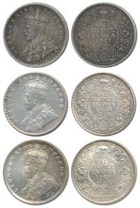 George V, Silver ½ Rupee, 1927, Calcutta Mint; 1928, Bombay Mint; 1929, Calcutta Mint, (Pr
