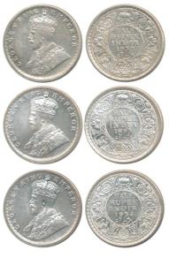 George V, Silver ½ Rupee, 1930, 1933 and 1934, Calcutta Mint, (Prid 332, 333 & 324). About