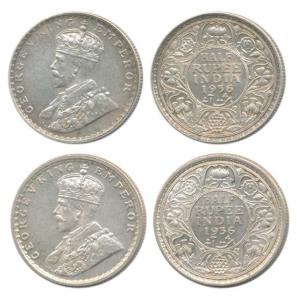 George V, Silver ½ Rupee, 1936, Calcutta and Bombay Mint, (Prid 335 & 350). Extremely Fine