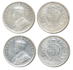 George V, Silver Rupee, 1914, Calcutta and Bombay Mint, (Prid 210 & 220). About Uncirculat