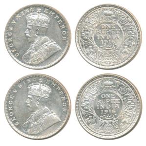 George V, Silver Rupee, 1916, Calcutta and Bombay Mint, (Prid 212 & 222). About Uncirculat