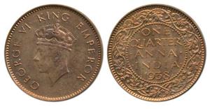 George VI, Bronze ¼ Anna, 1938, 1st head, Bombay Mint, date figures close to each other, s
