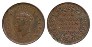 George VI, Bronze ¼ Anna, 1938, Bombay Mint, dots besides ’ONE’ removed, large ’9’ in date