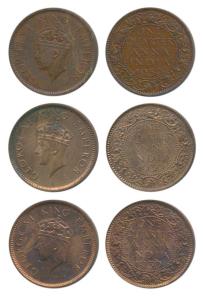 George VI, Bronze ¼ Anna, 1939, Calcutta Mint, 1st head; 2nd Head; Bombay Mint, 1st head, 