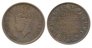 George VI, Bronze ¼ Anna, 1941, Bombay Mint, 2nd head, dot over N of ’ONE’, (Prid 693). Ex