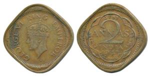 George VI, Cupro-Nickel 2 Annas, 1943, Bombay Mint, 2nd head, dot before and after the dat