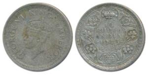 George VI, Half Silver ¼ Rupee, 1943, Lahore Mint, Rev Ia / L, rev. lettering with serif a