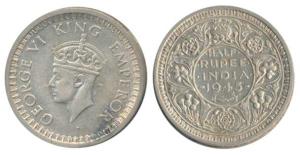 George VI, Half Silver ½ Rupee, 1945, Bombay Mint, rev. Ia / dot, reverse die rotate to 9 