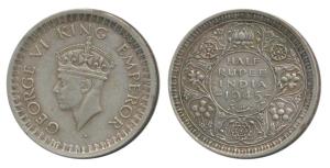 George VI, Half Silver ½ Rupee, 1945, Bombay Mint, D / Ia / dot, Large and Open 5 in Date,