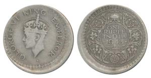 George VI, Half Silver Rupee, 1943, Lahore Mint, C / II / diamond, obverse and reverse off