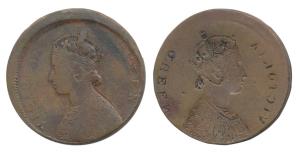 Victoria Queen, Copper ½ Anna, Error, Brockage, nice deep and complete lakhi impression on