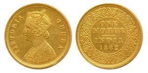 Victoria Queen, Gold Mohur, 1862, two flowers in bottom panel of jabot, V in Jabot (Prid 6