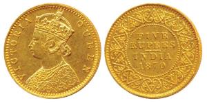Victoria Queen, Proof Gold Rupees 5, Proof Restrike, 1870 (Prid 37, KM 478). Proof Restrik