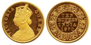 Victoria Queen, Proof Gold Rupees 10, 1870 (Prid 29, KM 479). Proof Restrike, Very Rare.