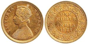 Victoria Empress, Gold Mohur, 1877, V in Jabot (Prid 14). About Extremely Fine, Very Rare.