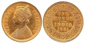 Victoria Empress, Gold Mohur, 1881, V in Jabot (Prid 18). About Extremely Fine, Very Rare.