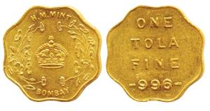 Bombay Mint, Token, Gold 1 Tola, H M Mint, crown within wreath and Bombay below on obv., 1