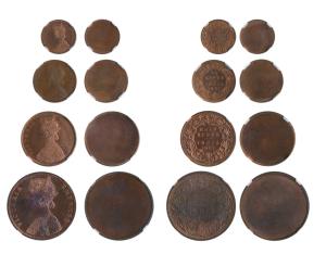 Victoria Empress, Uniface Copper Pattern Set, Rupee (2), 1/2-Rupee (2), 1/4-Rupee (2), 2-A