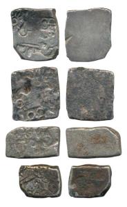 Late Mauryan Punch Marked (200-150 BC), Silver Karshapana (4), various symbols on obv. inc