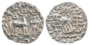 Kunindas, Amoghabhuti (c. 200 BC), Silver Drachma, 2.11g, obv. deer standing to right, god