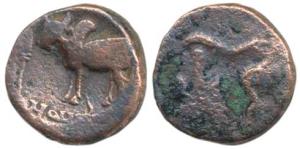 Ayodhya, Aryamitra (1st century AD), Copper Unit, 7.44g, bull facing a spear to left, trac
