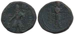 Kushanas, Kanishka, Copper Drachm, 8.71g, king standing sacrificing at fire altar with Gre