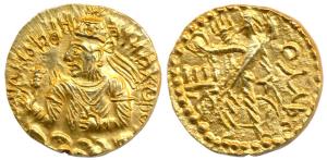 Kushanas, Huvishka, Gold Dinar, 8g, obv. bust of the king emerging from clouds, holding ma