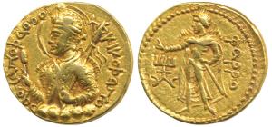Kushanas, Huvishka, Gold Dinar, 7.9g, Mint I (A), obv. nimbate and helmeted bust of the ki