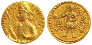 Kushanas, Huvishka, Gold Dinar, 7.90g, obv. nimbate and helmeted bust of the king emerging