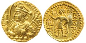 Kushanas, Huvishka, Gold Dinar, 7.83g, obv. nimbate and helmeted bust of the king emerging