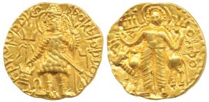 Kushanas, Vasudeva II, Gold Dinar, 7.81g, obv. king standing facing, head left, flames on 