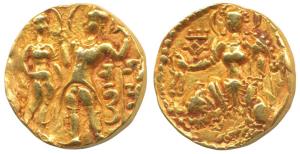 Guptas, Samudragupta (335-380 AD), Gold Dinar, 7.82g, King and Queen type, issued in memor