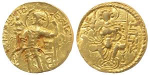 Guptas, Samudragupta, Gold Dinar, 7.27g, Standard type, obv. king nimbate standing left, h
