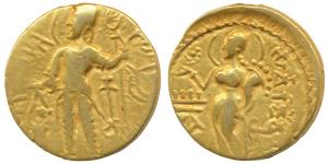 Guptas, Samudragupta, Gold Dinar, 7.13g, ‘Kacha’ type, obv. king standing to left, holding