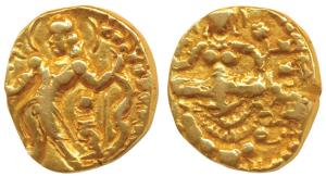 Guptas, Chandragupta II, Gold Dinar, 7.66gm, Archer type, obv. king nimbate, standing left