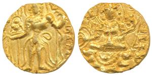 Purugupta (c. AD 380-413), Gold Dinar, Archer type, obv. king nimbate, standing left holdi