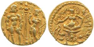 Guptas, Skandagupta (455-480 AD), Gold, Dinara, 8.46 g, King and Queen/Lakshmi type, obv. 