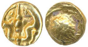Shilaharas of Kolhapur (c. 10-11th century AD), Gold ¼ Pagoda / Double Fanam, 0.77g, ornam