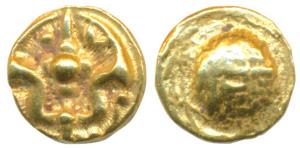 Shilaharas of Kolhapur, Gold ¼ Pagoda / Double Fanam, 0.77g, ornamental trident, with sun 