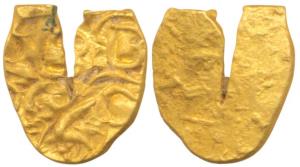 Shilaharas of Kolhapur or Feudatories, Gold U-Shaped Fanam, 0.51g, three punches, two with