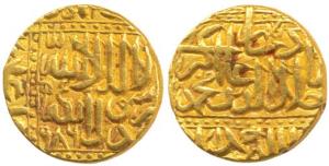 Akbar, Gold Mohur, 10.89g, Dar al-Saltanat Ahmedabad Mint, AH 986, Kalima on obv. (KM 108.
