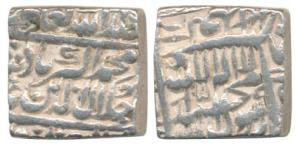 Akbar, Silver Square Rupee, 11.38g, Urdu Zafar Qarin Mint, ND, (KM 82.9). Very Fine+, Scar