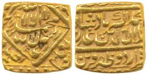 Akbar, Gold Mohur, 10.89g, Urdu Zafar Qarin Mint, Kalima on obv., complete mint name at bo