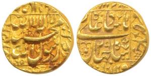 Shah Jahan, Gold Mohur, 10.97g, mint name off flan, square-area type, AH 1065/29. Very Fin