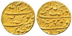 Aurangzeb, Gold Mohur, Islamabad Mint, AH 1074 (in place of julus), complete mint name at 