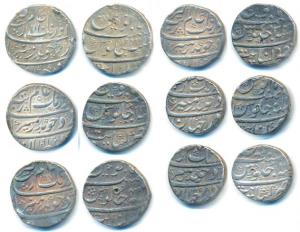 Aurangzeb, Silver Rupee (6), Khambayat Mint, AH 1079/11, 1085/18, 1091/24, 1102/34, 1115/4